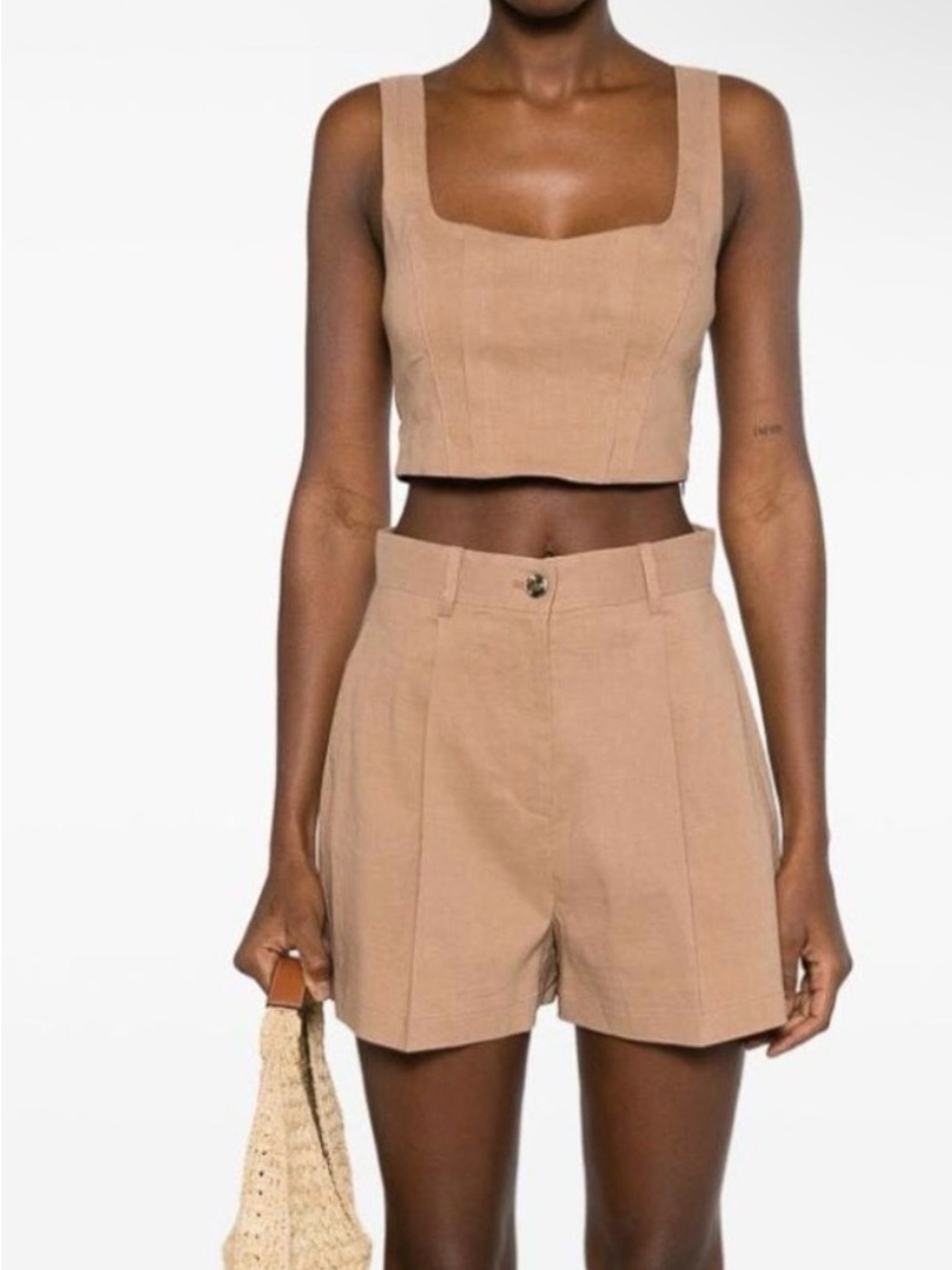 Pinko Titone Linen Corset Crop Top Beige Square Neck Made in Italy NWT Size 8